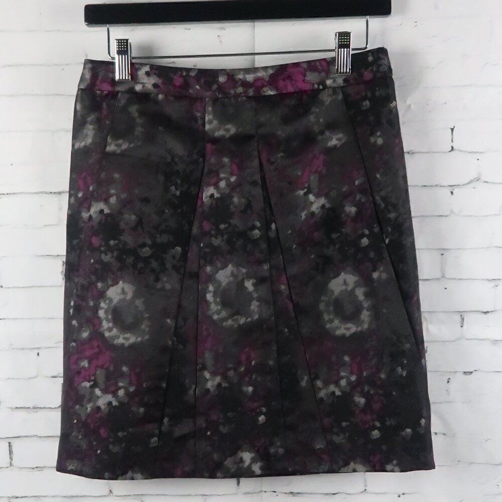 ANNE KLEIN BLACK PURPLE & SILVER FLORAL WOOL BLEND SKIRT W POCKETS